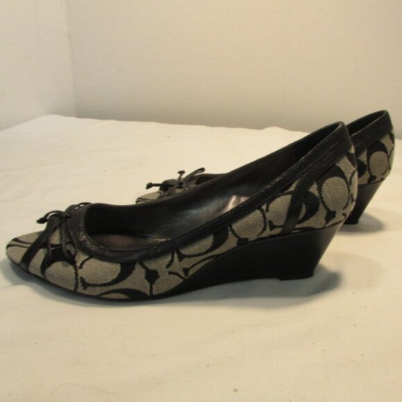 Coach Gavin Black & Grey Signature Canvas Open Toed Wedge Heel - Picture 6 of 13